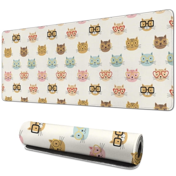 31.5x11.8 Inch Gaming Mouse Pad, Non-Slip Stitched Rubber Desk Mat for Desktop & Laptop,Cat Glasses Colorful Beige Pattern