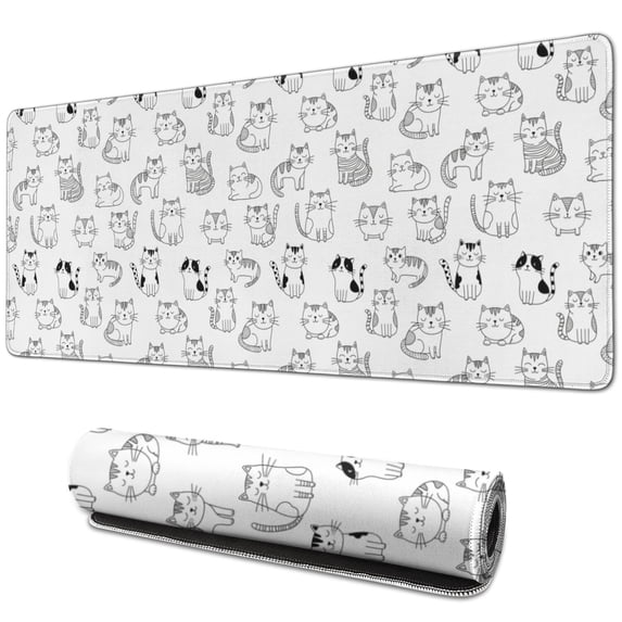 31.5x11.8 Inch Gaming Mouse Pad, Non-Slip Stitched Rubber Desk Mat for Desktop & Laptop,Cat Line Art White Pattern
