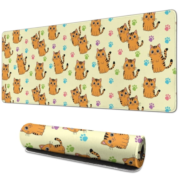 31.5x11.8 Inch Gaming Mouse Pad, Non-Slip Stitched Rubber Desk Mat for Desktop & Laptop,Cat Paw Print Orange Pattern