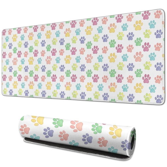 31.5x11.8 Inch Gaming Mouse Pad, Non-Slip Stitched Rubber Desk Mat for Desktop & Laptop,Cat Paw Print Rainbow White Pattern