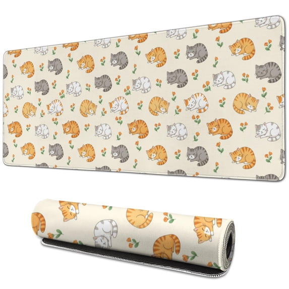 31.5x11.8 Inch Gaming Mouse Pad, Non-Slip Stitched Rubber Desk Mat for Desktop & Laptop,Cat Sleeping Floral Beige Pattern