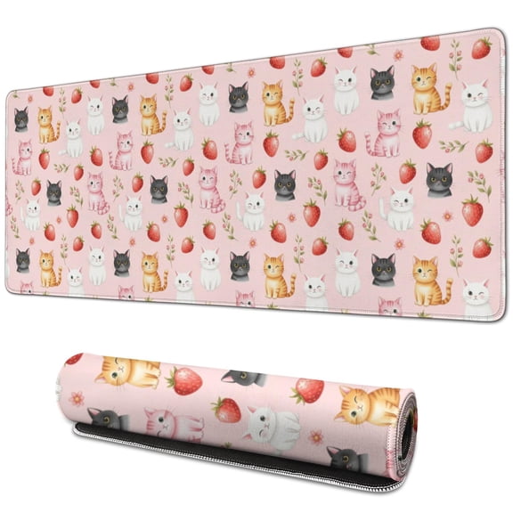 31.5x11.8 Inch Gaming Mouse Pad, Non-Slip Stitched Rubber Desk Mat for Desktop & Laptop,Cat Strawberry Pink Pattern
