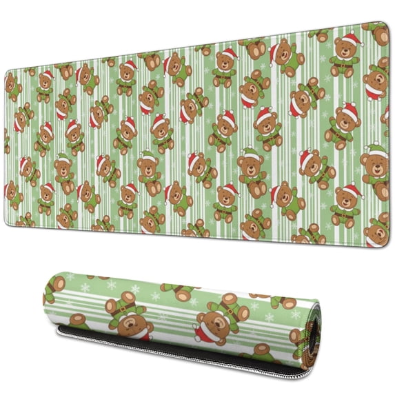 31.5x11.8 Inch Gaming Mouse Pad, Non-Slip Stitched Rubber Desk Mat for Desktop & Laptop,Christmas Bear Stripe Green Pattern