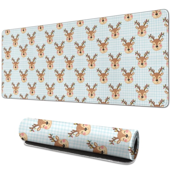 31.5x11.8 Inch Gaming Mouse Pad, Non-Slip Stitched Rubber Desk Mat for Desktop & Laptop,Christmas Cute Reindeer Face Light Blue Gingham Pattern