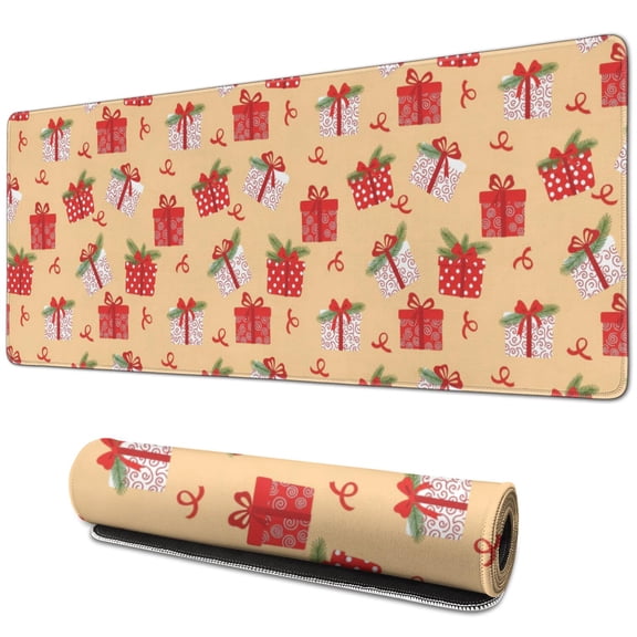 31.5x11.8 Inch Gaming Mouse Pad, Non-Slip Stitched Rubber Desk Mat for Desktop & Laptop,Christmas Gift Ribbon Orange Pattern