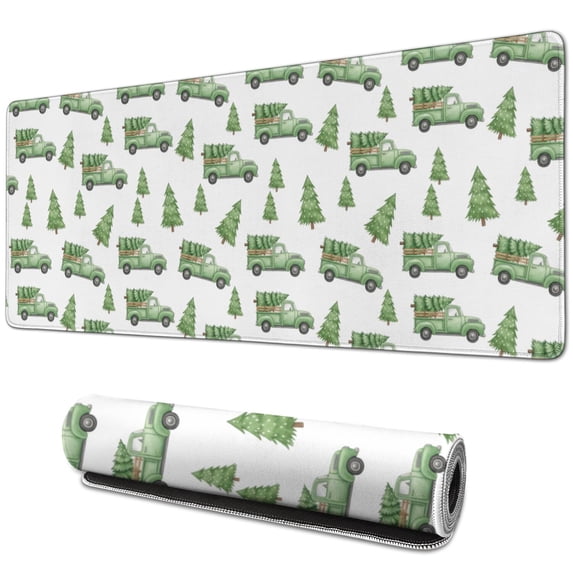 31.5x11.8 Inch Gaming Mouse Pad, Non-Slip Stitched Rubber Desk Mat for Desktop & Laptop,Christmas Green Truck Tree White Pattern