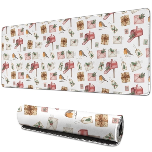31.5x11.8 Inch Gaming Mouse Pad, Non-Slip Stitched Rubber Desk Mat for Desktop & Laptop,Christmas Mailbox Gift Bird White Pattern