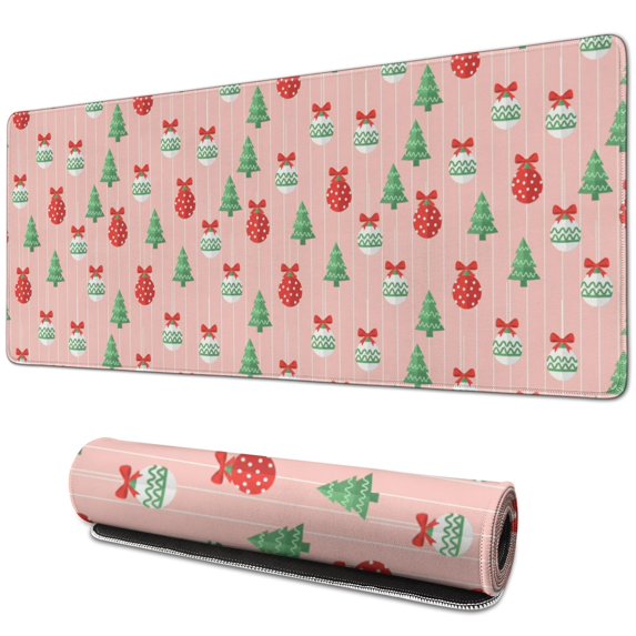 31.5x11.8 Inch Gaming Mouse Pad, Non-Slip Stitched Rubber Desk Mat for Desktop & Laptop,Christmas Ornament Tree Pastel Pink Pattern