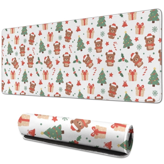 31.5x11.8 Inch Gaming Mouse Pad, Non-Slip Stitched Rubber Desk Mat for Desktop & Laptop,Christmas Teddy Bear Tree Gift White Pattern