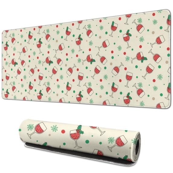31.5x11.8 Inch Gaming Mouse Pad, Non-Slip Stitched Rubber Desk Mat for Desktop & Laptop,Christmas Wine Glass Holly Beige Pattern