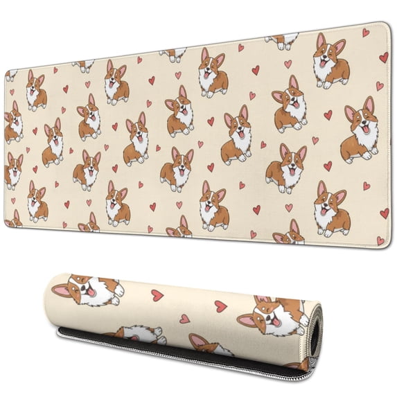 31.5x11.8 Inch Gaming Mouse Pad, Non-Slip Stitched Rubber Desk Mat for Desktop & Laptop,Corgi Heart Red Beige Pattern