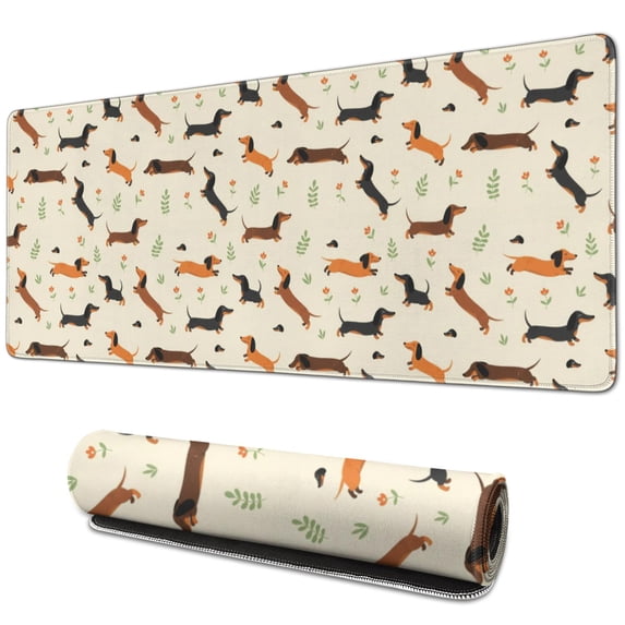 31.5x11.8 Inch Gaming Mouse Pad, Non-Slip Stitched Rubber Desk Mat for Desktop & Laptop,Dachshund Floral Playful Beige Pattern
