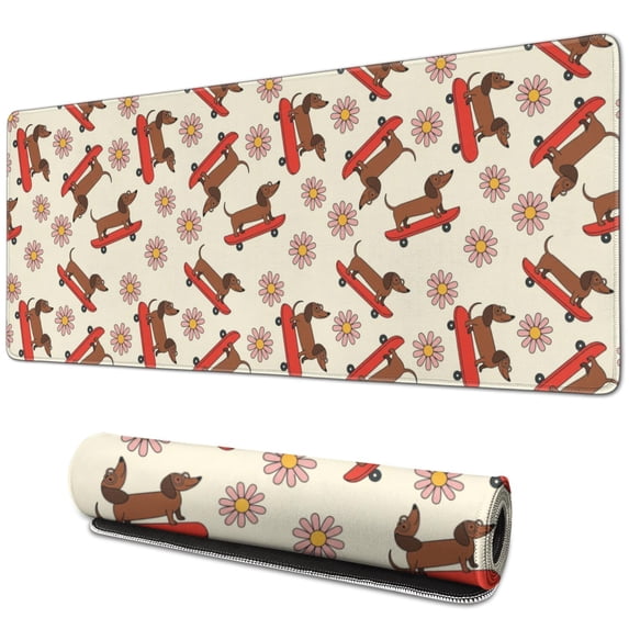 31.5x11.8 Inch Gaming Mouse Pad, Non-Slip Stitched Rubber Desk Mat for Desktop & Laptop,Dachshund Skateboard Floral Beige Pattern