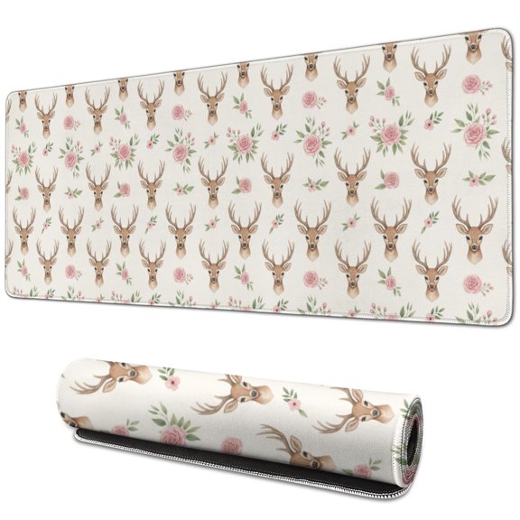 31.5x11.8 Inch Gaming Mouse Pad, Non-Slip Stitched Rubber Desk Mat for Desktop & Laptop,Deer Floral Antler Beige Pattern
