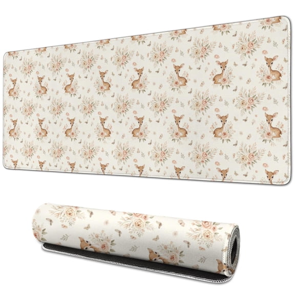 31.5x11.8 Inch Gaming Mouse Pad, Non-Slip Stitched Rubber Desk Mat for Desktop & Laptop,Deer Floral Bouquet Beige Pattern