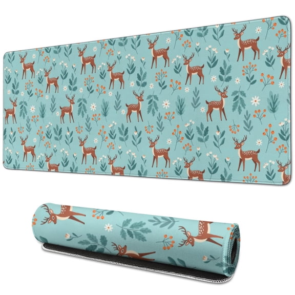 31.5x11.8 Inch Gaming Mouse Pad, Non-Slip Stitched Rubber Desk Mat for Desktop & Laptop,Deer Floral Leaf Light Blue Pattern