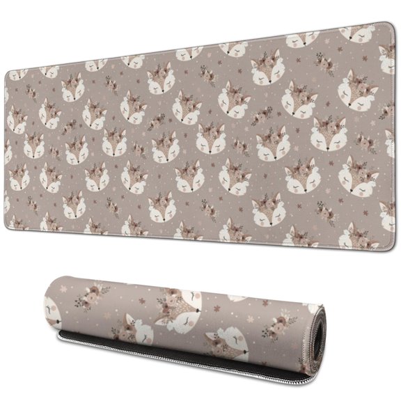 31.5x11.8 Inch Gaming Mouse Pad, Non-Slip Stitched Rubber Desk Mat for Desktop & Laptop,Deer Fox Head Floral Gray Pattern