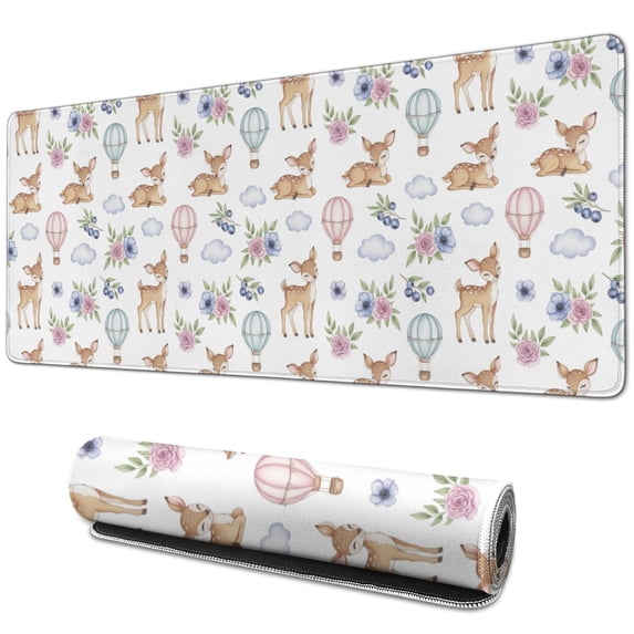 31.5x11.8 Inch Gaming Mouse Pad, Non-Slip Stitched Rubber Desk Mat for Desktop & Laptop,Deer Hot Air Balloon Floral White Pattern