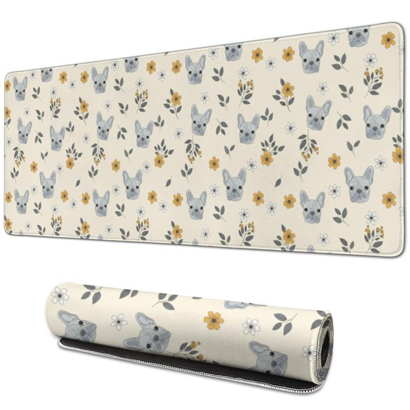 31.5x11.8 Inch Gaming Mouse Pad, Non-Slip Stitched Rubber Desk Mat for Desktop & Laptop,French Bulldog Face Floral Beige Pattern