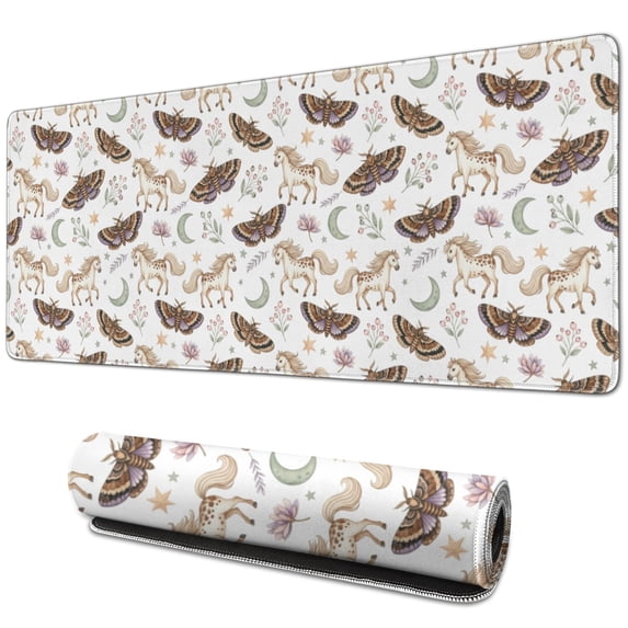 31.5x11.8 Inch Gaming Mouse Pad, Non-Slip Stitched Rubber Desk Mat for Desktop & Laptop,Horse Celestial Moth Beige Pattern