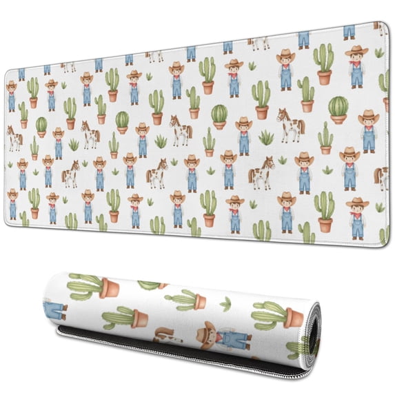 31.5x11.8 Inch Gaming Mouse Pad, Non-Slip Stitched Rubber Desk Mat for Desktop & Laptop,Horse Cowboy Cactus White Pattern