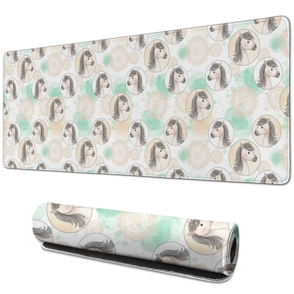 31.5x11.8 Inch Gaming Mouse Pad, Non-Slip Stitched Rubber Desk Mat for Desktop & Laptop,Horse Mandala Head Beige Pattern