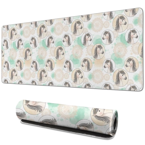 31.5x11.8 Inch Gaming Mouse Pad, Non-Slip Stitched Rubber Desk Mat for Desktop & Laptop,Horse Mandala Head Beige Pattern