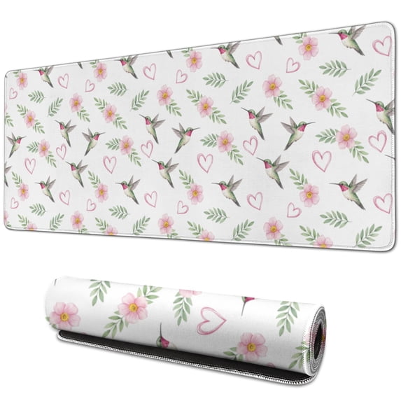 31.5x11.8 Inch Gaming Mouse Pad, Non-Slip Stitched Rubber Desk Mat for Desktop & Laptop,Hummingbird Floral Heart White Pattern