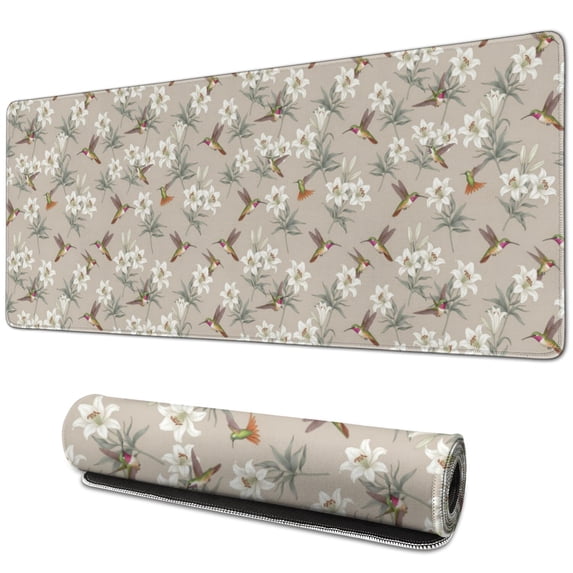 31.5x11.8 Inch Gaming Mouse Pad, Non-Slip Stitched Rubber Desk Mat for Desktop & Laptop,Hummingbird Floral Lily Gray Pattern