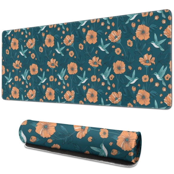31.5x11.8 Inch Gaming Mouse Pad, Non-Slip Stitched Rubber Desk Mat for Desktop & Laptop,Hummingbird Floral Poppy Teal Pattern