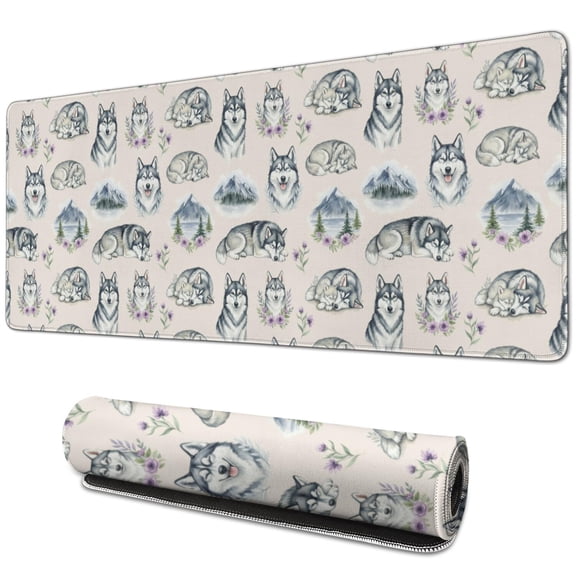 31.5x11.8 Inch Gaming Mouse Pad, Non-Slip Stitched Rubber Desk Mat for Desktop & Laptop,Husky Mountain Floral Beige Pattern