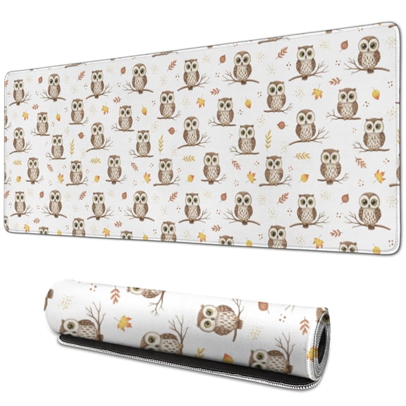31.5x11.8 Inch Gaming Mouse Pad, Non-Slip Stitched Rubber Desk Mat for Desktop & Laptop,Owl Autumn Leaf White Pattern