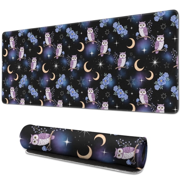 31.5x11.8 Inch Gaming Mouse Pad, Non-Slip Stitched Rubber Desk Mat for Desktop & Laptop,Owl Celestial Floral Dark Blue Pattern