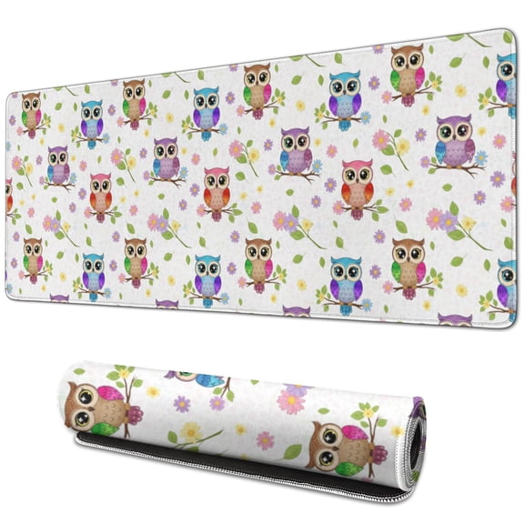 31.5x11.8 Inch Gaming Mouse Pad, Non-Slip Stitched Rubber Desk Mat for Desktop & Laptop,Owl Colorful Floral White Pattern