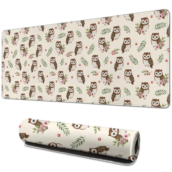 31.5x11.8 Inch Gaming Mouse Pad, Non-Slip Stitched Rubber Desk Mat for Desktop & Laptop,Owl Floral Berry Beige Pattern