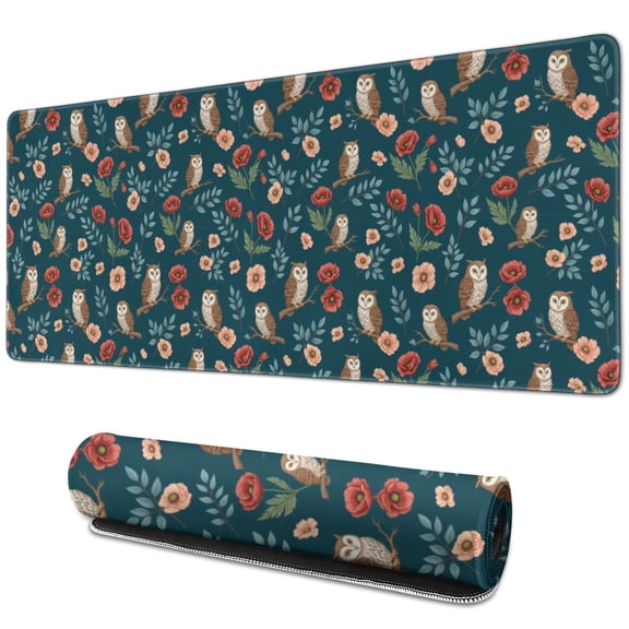 31.5x11.8 Inch Gaming Mouse Pad, Non-Slip Stitched Rubber Desk Mat for Desktop & Laptop,Owl Floral Leaf Dark Teal Pattern