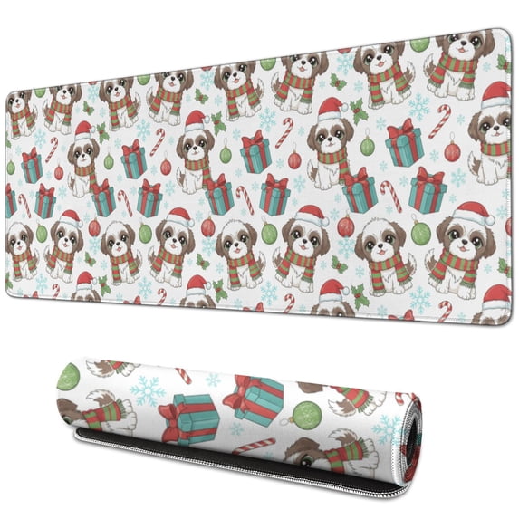 31.5x11.8 Inch Gaming Mouse Pad, Non-Slip Stitched Rubber Desk Mat for Desktop & Laptop,Shih Tzu Christmas Pattern