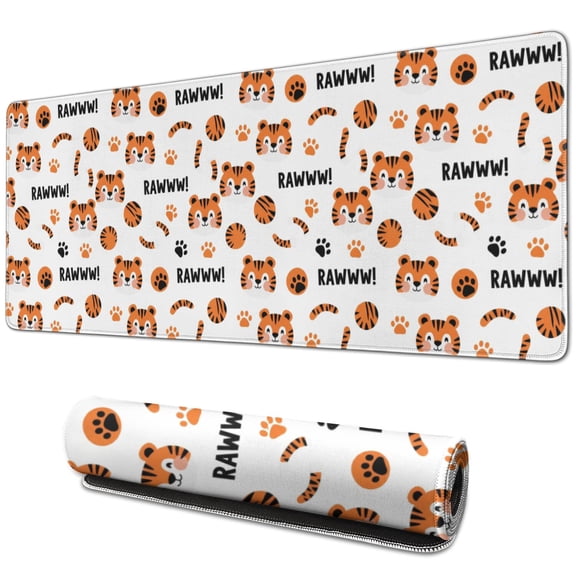 31.5x11.8 Inch Gaming Mouse Pad, Non-Slip Stitched Rubber Desk Mat for Desktop & Laptop,Tiger Cartoon Paw White Pattern