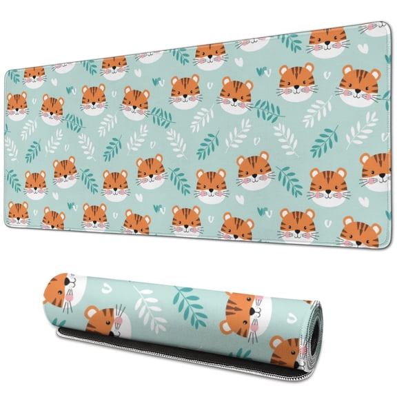 31.5x11.8 Inch Gaming Mouse Pad, Non-Slip Stitched Rubber Desk Mat for Desktop & Laptop,Tiger Leaf Heart Light Blue Pattern