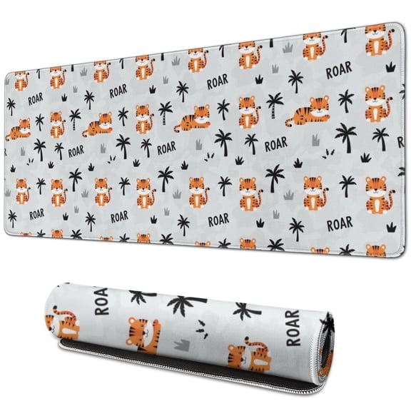 31.5x11.8 Inch Gaming Mouse Pad, Non-Slip Stitched Rubber Desk Mat for Desktop & Laptop,Tiger Tropical Palm Gray Pattern