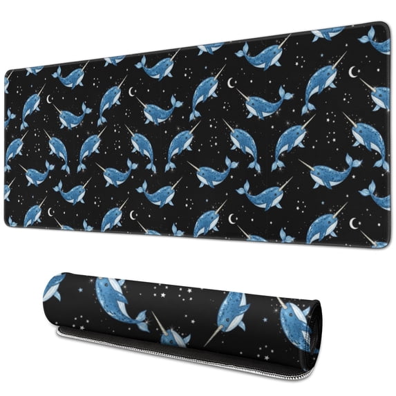 31.5x11.8 Inch Gaming Mouse Pad, Non-Slip Stitched Rubber Desk Mat for Desktop & Laptop,Whale Narwhal Constellation Black Pattern