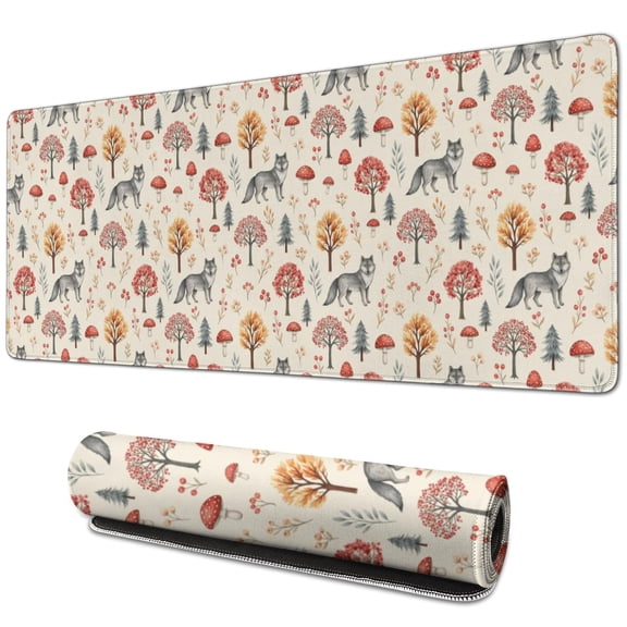 31.5x11.8 Inch Gaming Mouse Pad, Non-Slip Stitched Rubber Desk Mat for Desktop & Laptop,Wolf Autumn Forest Beige Pattern
