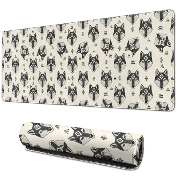 31.5x11.8 Inch Gaming Mouse Pad, Non-Slip Stitched Rubber Desk Mat for Desktop & Laptop,Wolf Geometric Portrait Beige Pattern