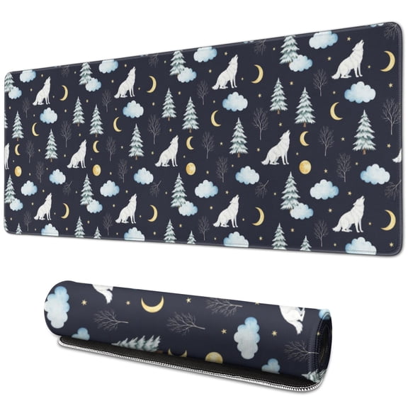 31.5x11.8 Inch Gaming Mouse Pad, Non-Slip Stitched Rubber Desk Mat for Desktop & Laptop,Wolf Night Sky Forest Dark Blue Pattern