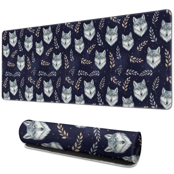 31.5x11.8 Inch Gaming Mouse Pad, Non-Slip Stitched Rubber Desk Mat for Desktop & Laptop,Wolf Portrait Floral Dark Blue Pattern