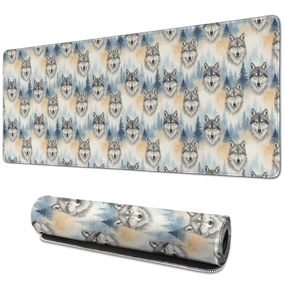 31.5x11.8 Inch Gaming Mouse Pad, Non-Slip Stitched Rubber Desk Mat for Desktop & Laptop,Wolf Portrait Forest Beige Pattern