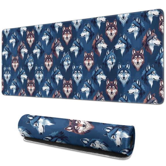 31.5x11.8 Inch Gaming Mouse Pad, Non-Slip Stitched Rubber Desk Mat for Desktop & Laptop,Wolf Portrait Geometric Blue Pattern