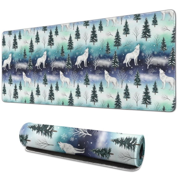 31.5x11.8 Inch Gaming Mouse Pad, Non-Slip Stitched Rubber Desk Mat for Desktop & Laptop,Wolf Winter Forest Blue Pattern