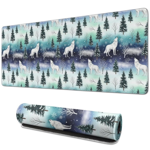 31.5x11.8 Inch Gaming Mouse Pad, Non-Slip Stitched Rubber Desk Mat for Desktop & Laptop,Wolf Winter Forest Blue Pattern