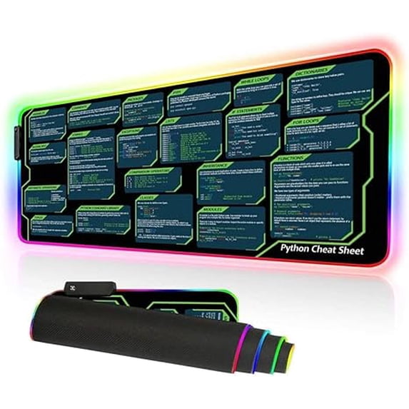 31.5x11.8 in Python Cheat Sheet RGB Led Mousepad for Beginner, Python Reference Guide Led Desk Mat, Python CheatSheet for Software Engineers, Gift for AI Programmer Desk Mat